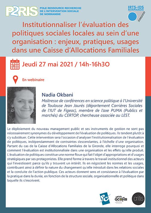 27 mai 2021 – Webinaire P2RIS « Institutionnaliser l’évaluation des politiques sociales locales au sein d’une organisation : enjeux, pratiques, usages dans une Caisse d’Allocations Familiales »